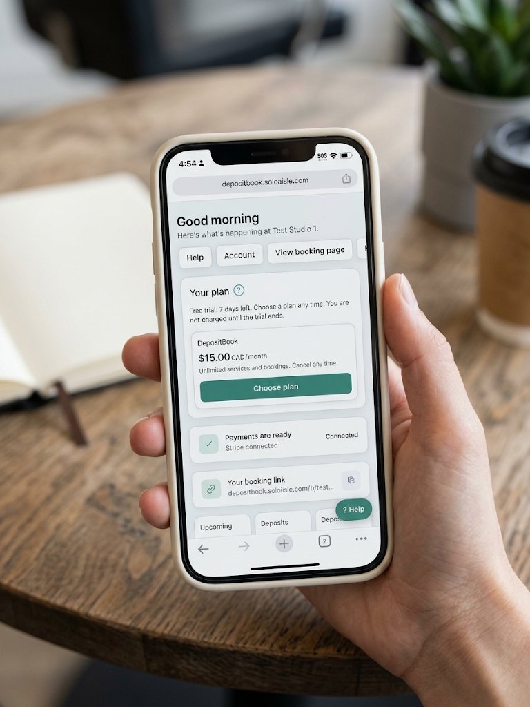 DepositBook dashboard on a phone, showing the plan, Stripe connected and the booking link