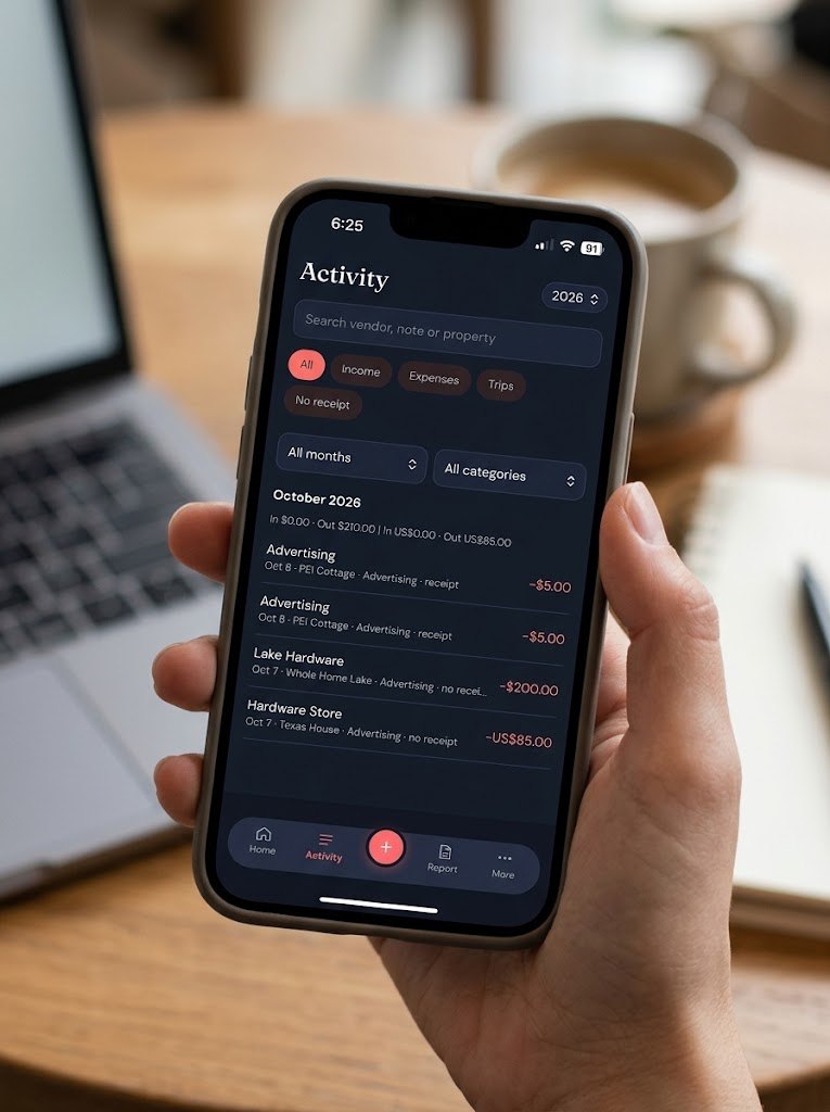 HostLedger activity list on a phone, with search, filters and entries by property