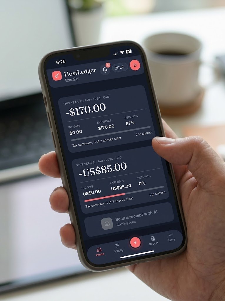 HostLedger home screen on a phone, showing the year so far in Canadian and US dollars, receipts and tax summary checks