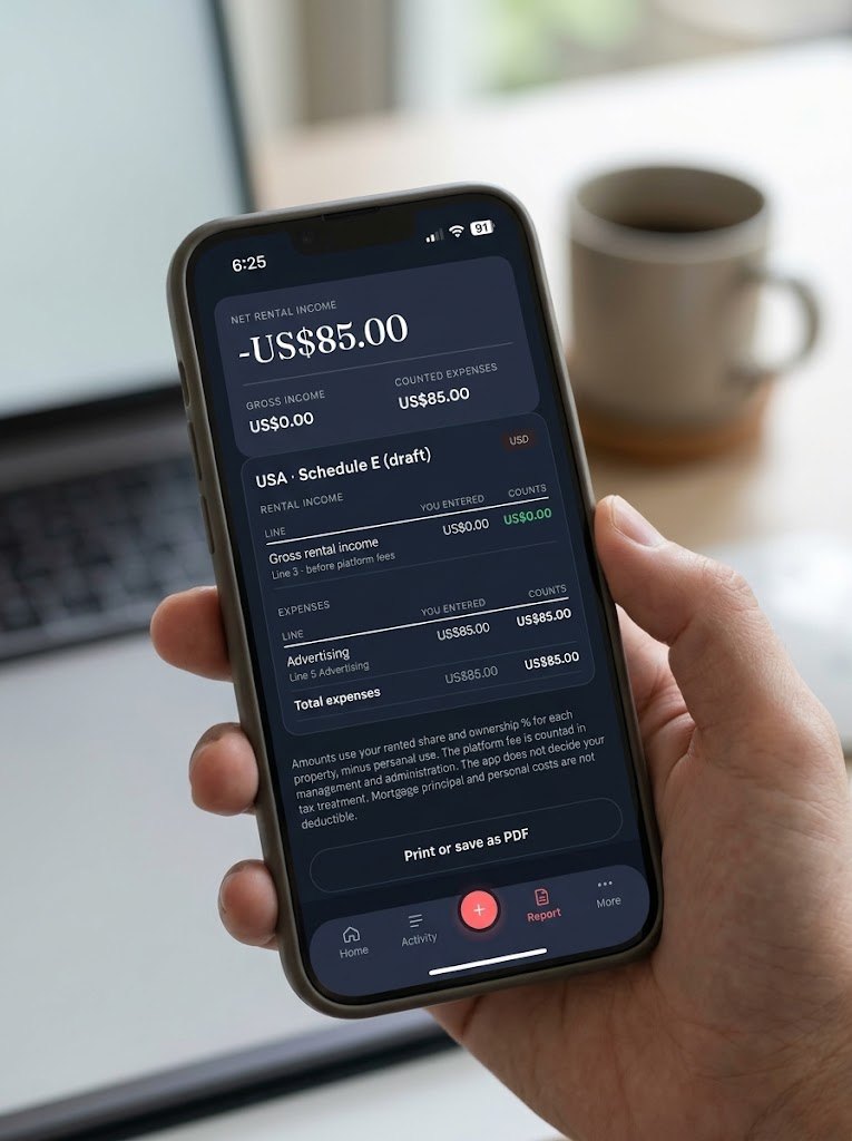 HostLedger report on a phone, showing a draft Schedule E summary with a print or save as PDF button