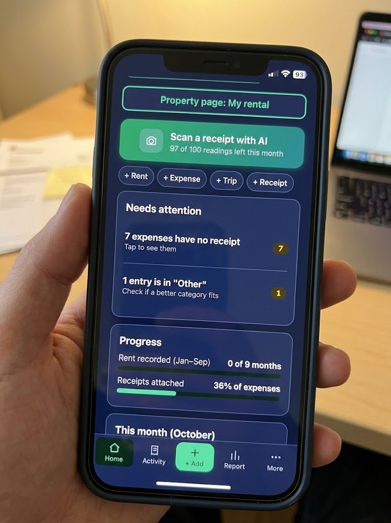 LandlordLog home screen on a phone, showing receipt scanning, what needs attention and progress bars