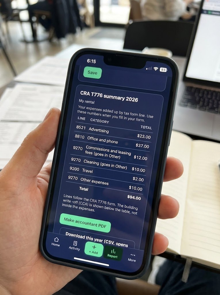 LandlordLog report on a phone, showing expenses added up by tax form line