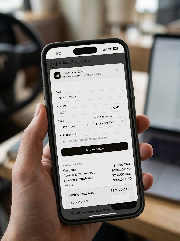 MileageLog vehicle expenses form on a phone, with yearly totals