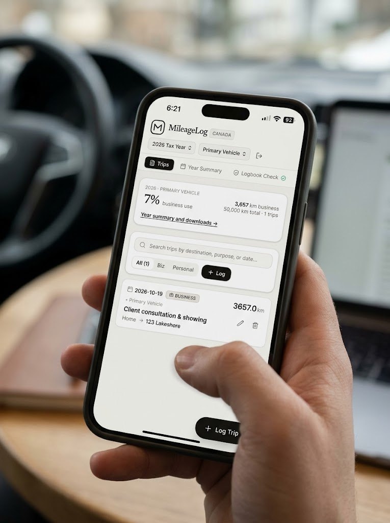 MileageLog trip list on a phone, with search, filters and a Log Trip button