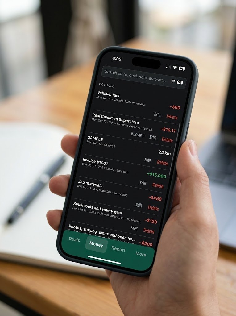 SoloLog money list on a phone, showing invoices, expenses and a search bar