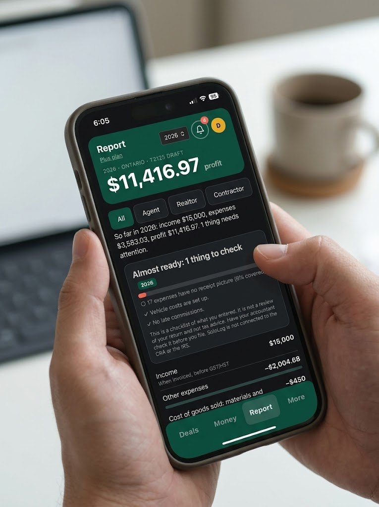 SoloLog report on a phone, showing profit for the year and a checklist of what still needs checking